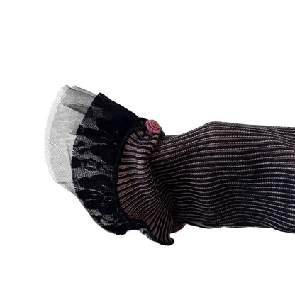 Vintage Euro black + pink mesh-knit ruffle-sleeve top (S)