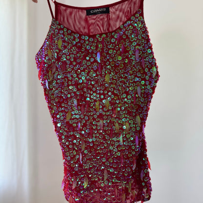 Vintage Pink Sequin Fringe Cami Top Disco Party Y2K (M/L)
