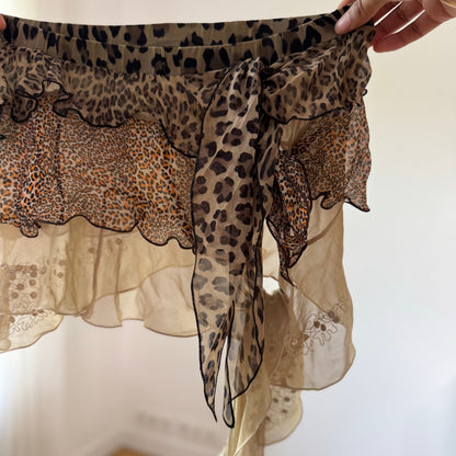 Vintage Silk Leopard Mesh Mini Skirt Ruffle Layer Asymmetrical Italian Y2K (S/M)
