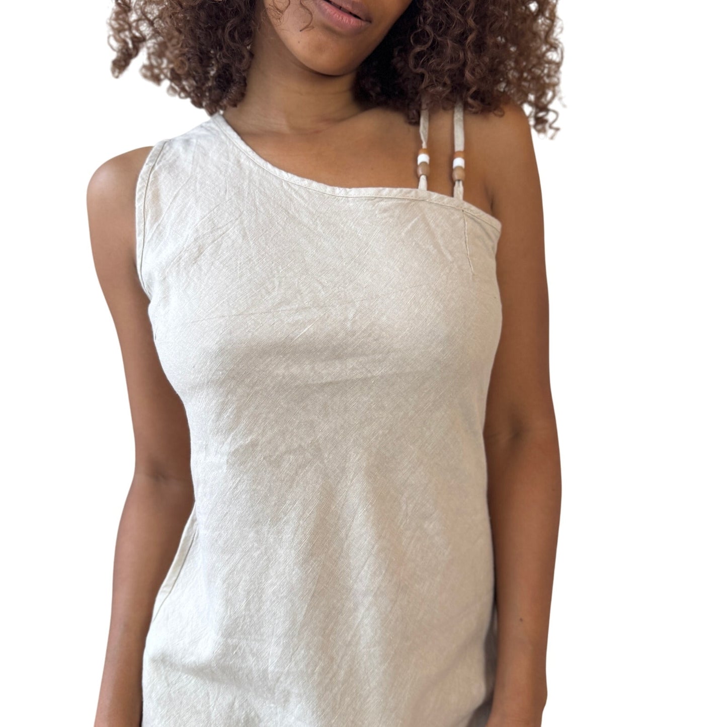 Vintage Italian Beige One-Shoulder Linen Dress (S)