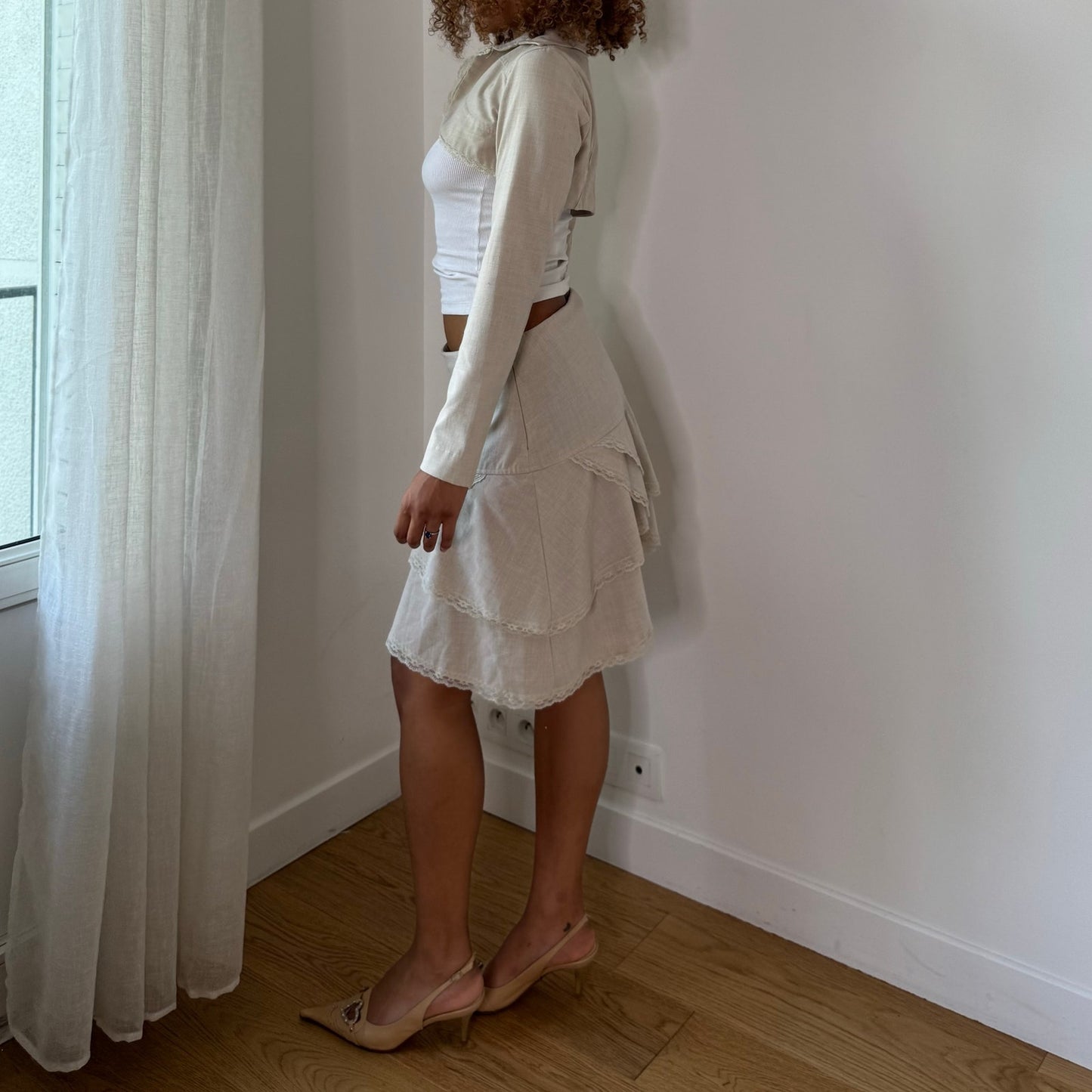 Vintage Cream Bolero & Lace Mini Skirt Set French Y2K Coquette (S)