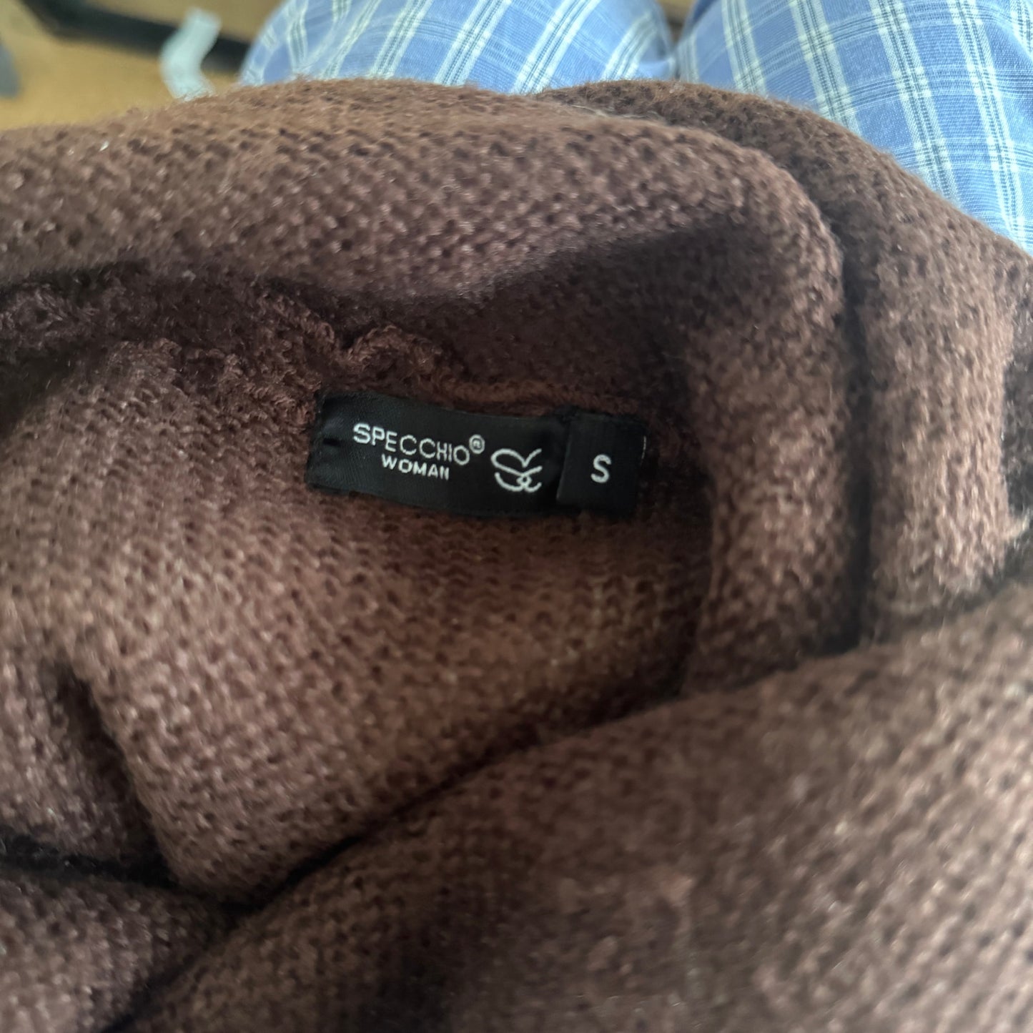 Vintage Italian layered knit sweater with contrast brown trim and cowl neckline (S)