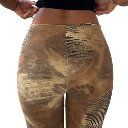 Vintage French abstract earth-tone printed stretch pants with sculpting fit (XS/S)