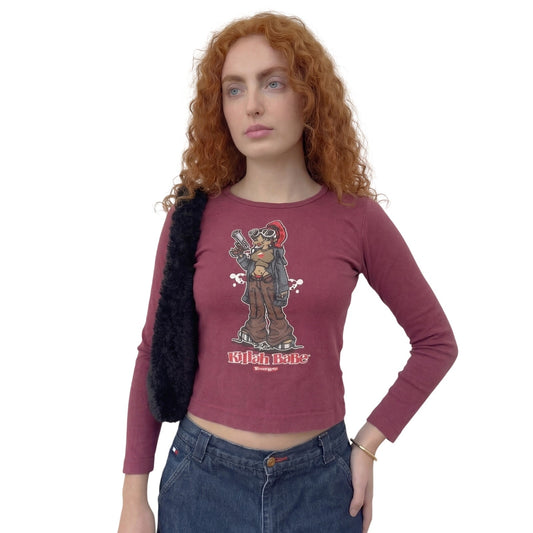 Vintage Killah Babe Red Graphic Long Sleeve Top Fitted Cotton Y2K (XS)