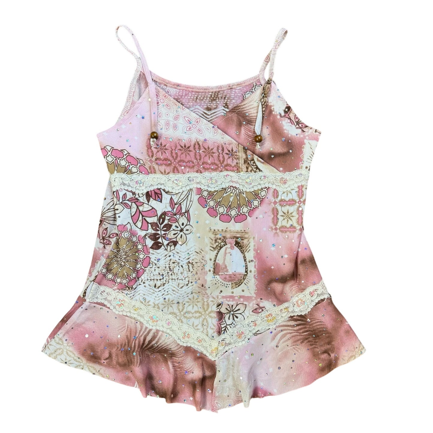 Vintage 00s pink floral tank rhinestones detail (XS)