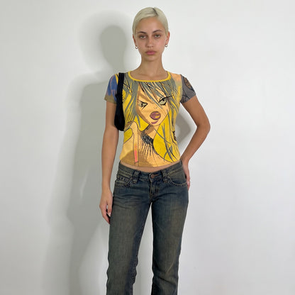 Vintage Custo Barcelona Yellow Graphic Girl Cotton Baby Tee Y2K (S)