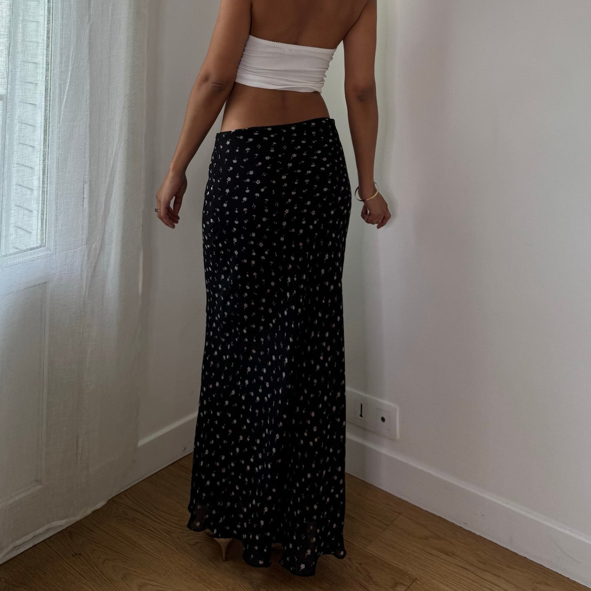 Vintage Black Ditsy Floral Mesh Maxi Skirt Double Layer Viscose Y2K (S)