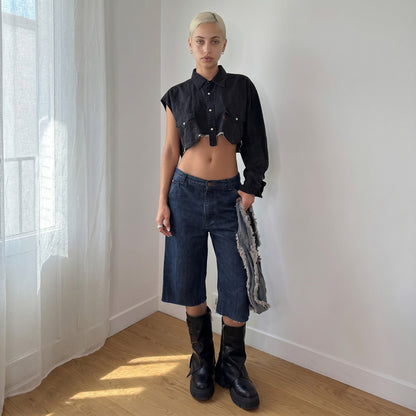 Vintage Levi’s Black Denim Cropped Shirt Asymmetrical Distressed Y2K Top (S)