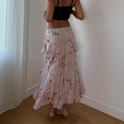 Vintage Blumarine Pink Floral Silk Maxi Skirt Ruffle Layer Italian Y2K (S)