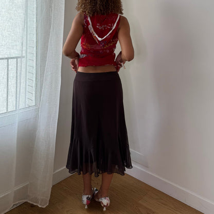 Vintage Brown Mesh Ruffle Midi Skirt Euro Y2K (S)