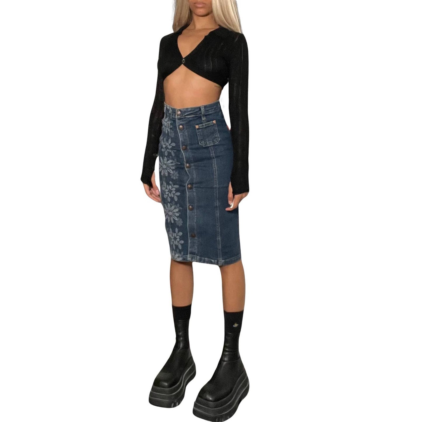 Vintage Y2K Denim Midi Skirt (XS)