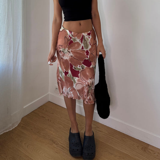 Vintage Pink Brown/Orange Floral Mesh Midi Skirt (XS/S) ⠀