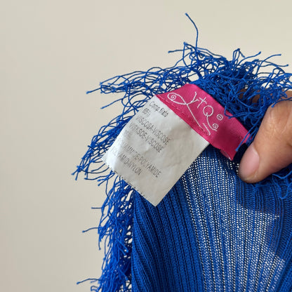 Vintage Italian Y2K Cobalt Blue Ribbed Knit Feather Trim Long Sleeve Top (Small)