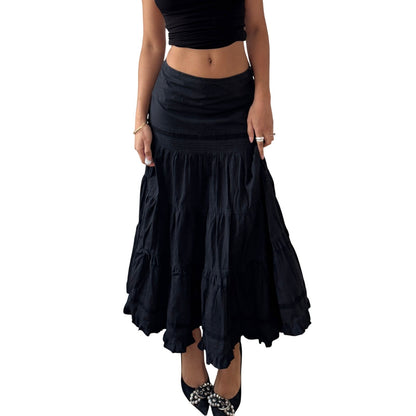 Vintage Black Tiered Midi Skirt Y2K French Cotton Blend (S)