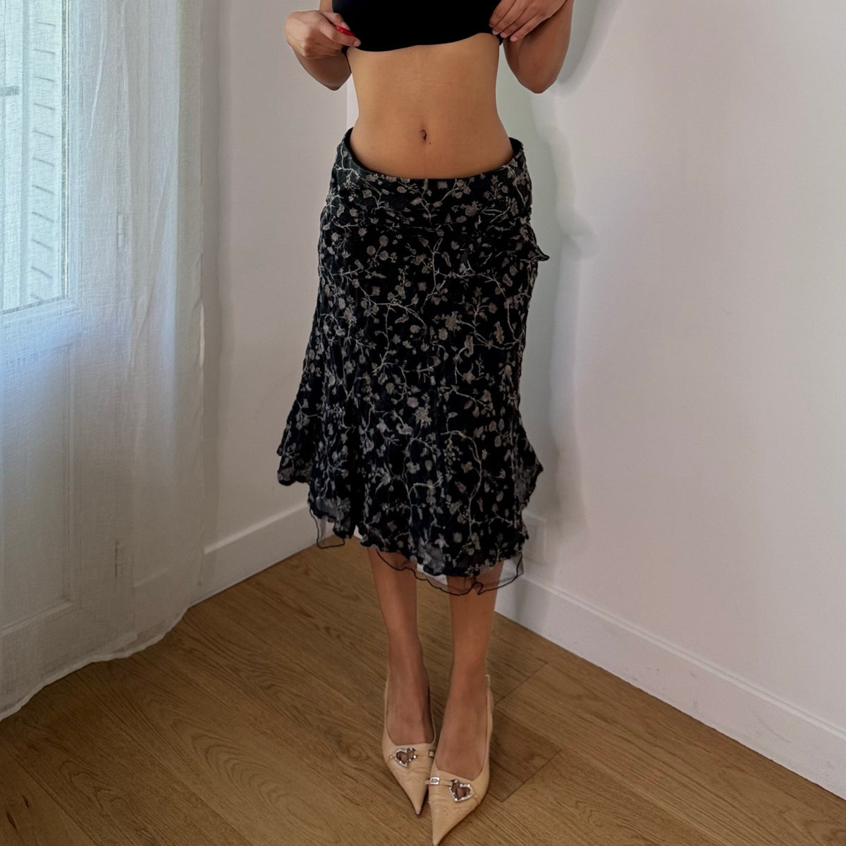 Vintage Italian Black Floral Wool Ruffle Midi Skirt (S)