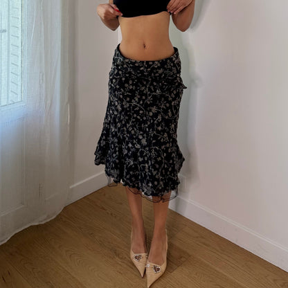 Vintage Italian Black Floral Wool Ruffle Midi Skirt (S)