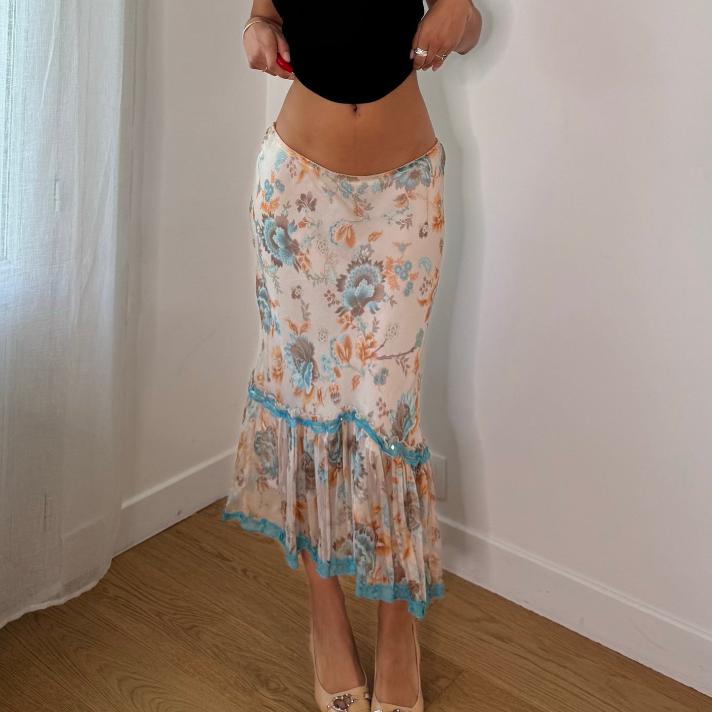 Vintage Silk Floral Mesh Ruffle Midi Skirt Italian Y2K (S)