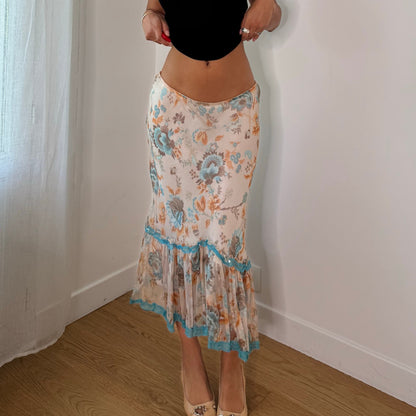 Vintage Silk Floral Mesh Ruffle Midi Skirt Italian Y2K (S)