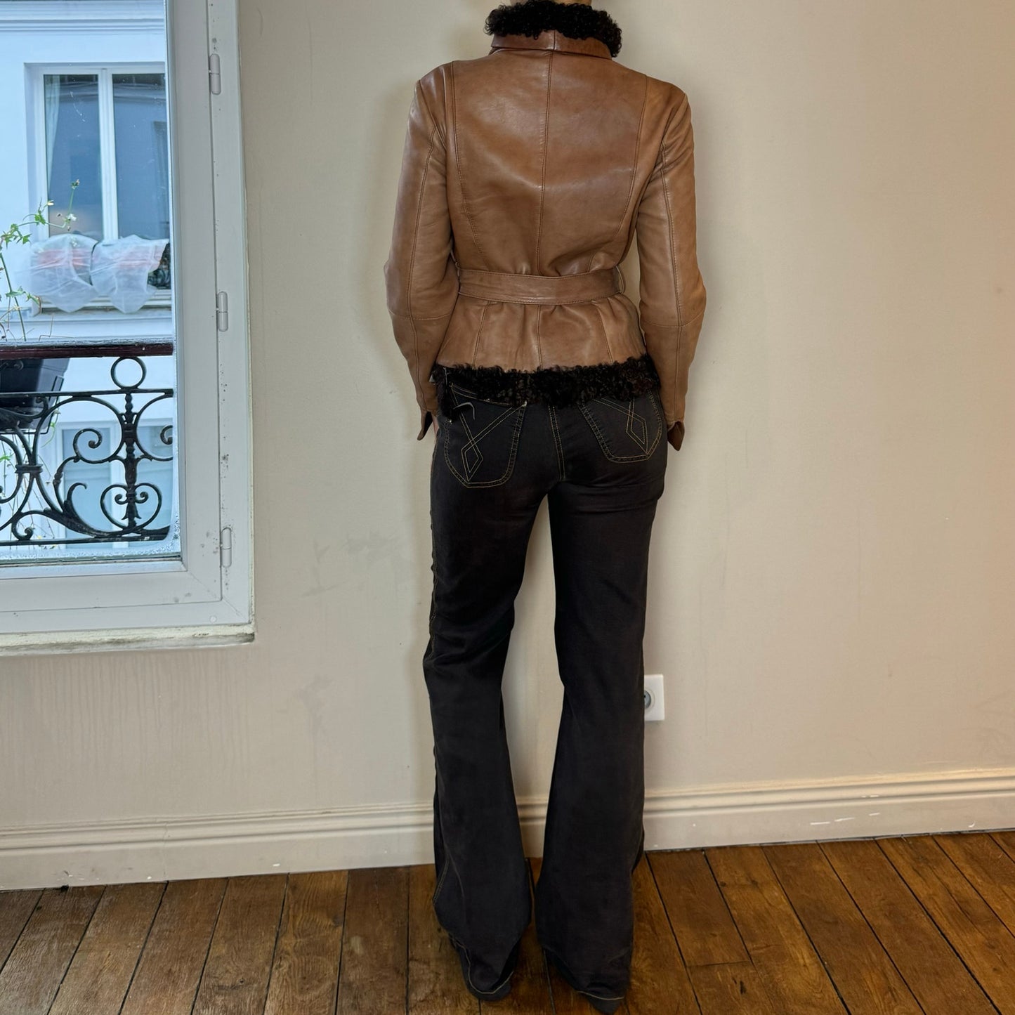 Vintage 90s Italian leather with Mongolian fur trimmed jacket (S)