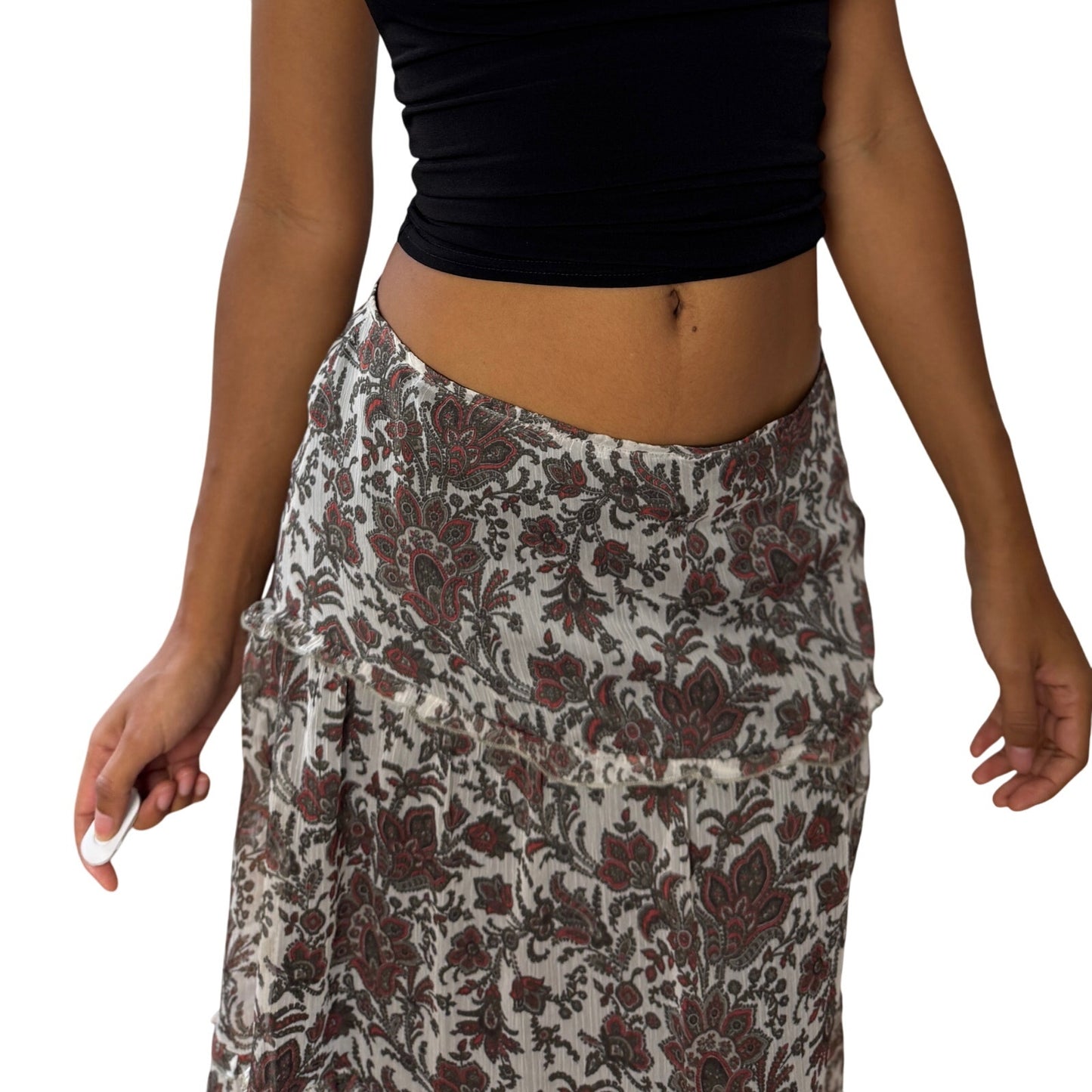 Vintage Italian Floral Sheer-Overlay Ruffle Midi Skirt (Small)