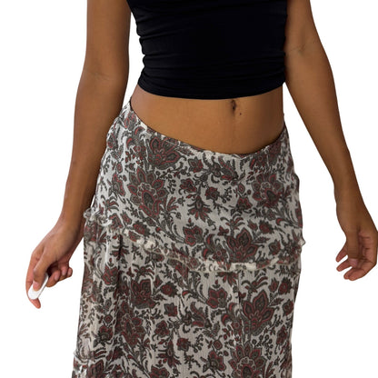 Vintage Italian Floral Sheer-Overlay Ruffle Midi Skirt (Small)