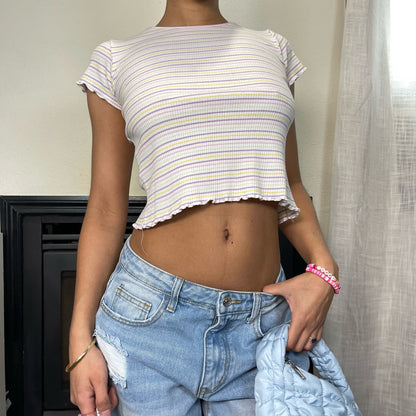 Vintage 00s pastel striped rib knit baby tee (XS) Basic Cute