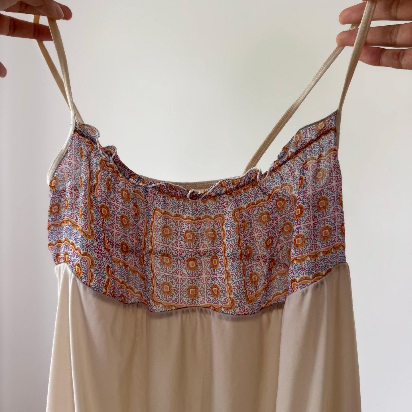 Vintage White Printed Mesh Cami Top Babydoll Empire Waist Y2K (S)