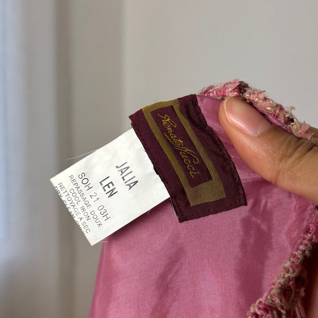 Vintage Italian pink textured tweed midi skirt with floral applique lace hem (S)