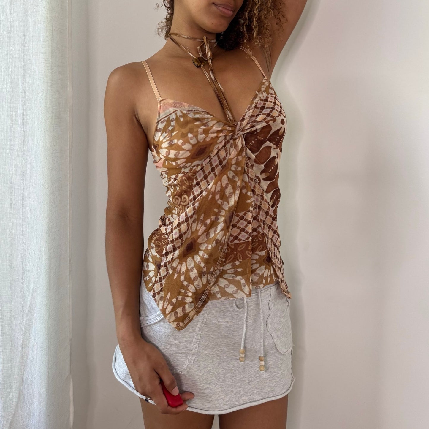 Vintage Brown Abstract Mesh Halter Cami Top Handkerchief Hem Italian Y2K (S)