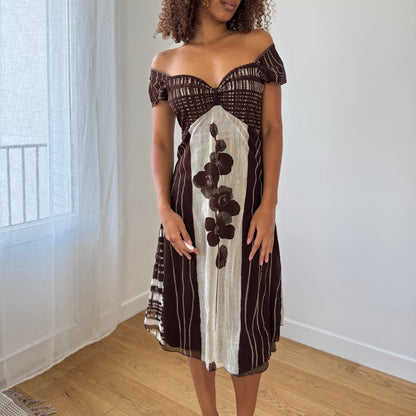 Vintage Italian brown & cream off-shoulder midi dress (S/M)