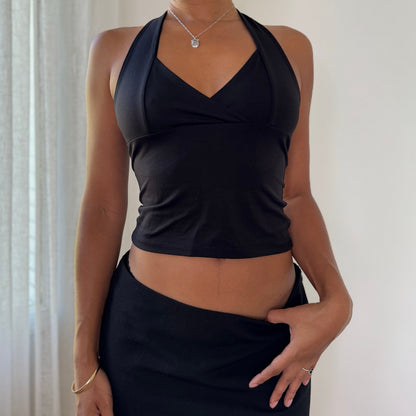 Vintage Black Open Back Halter Top (S)