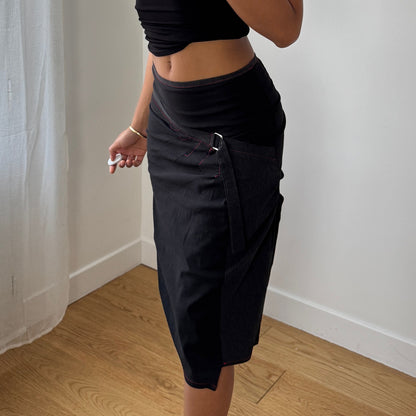 Vintage French black asymmetric wrap-style midi skirt with contrast stitching (XS/S)