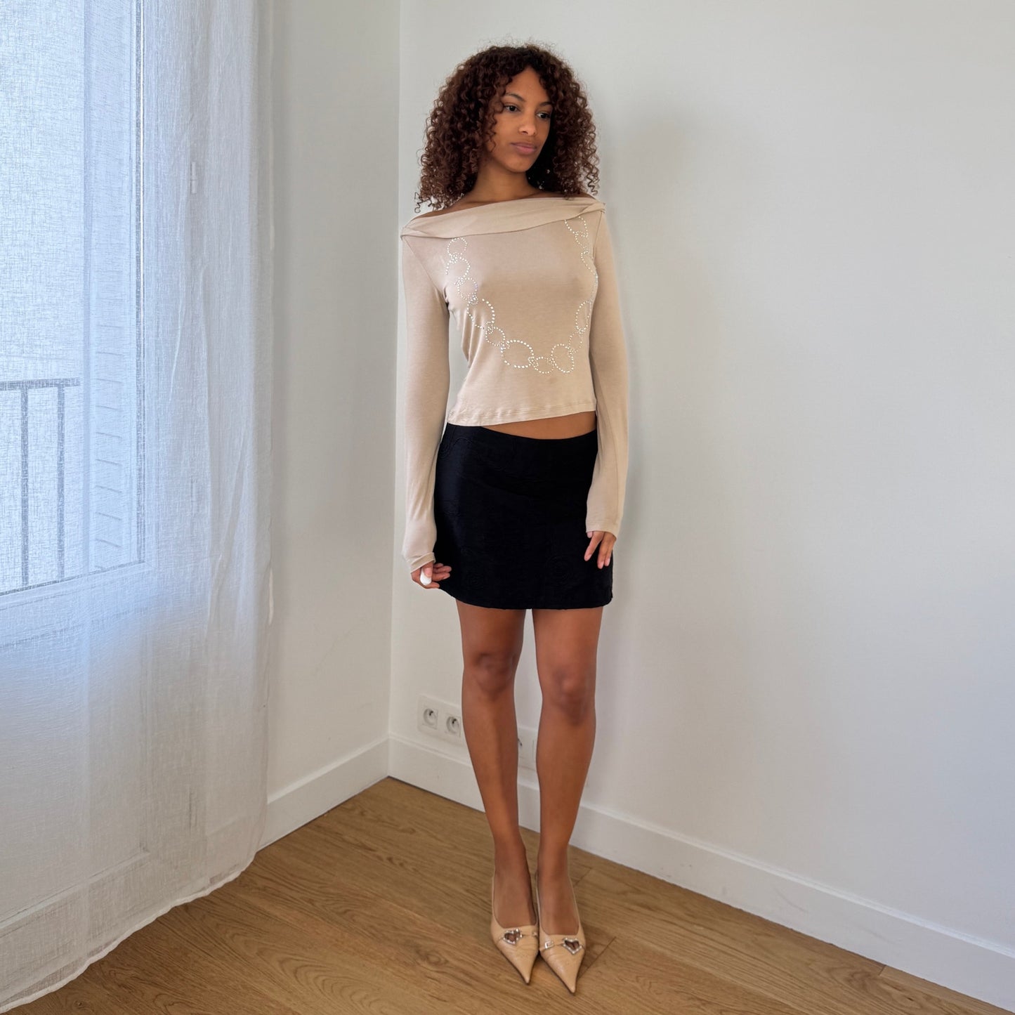 Vintage Castelbajac beige embellished off-shoulder top (S)