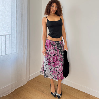 Vintage Italian Pink Rose Mesh Midi Skirt Viscose Silk Blend Sheer Hem (S)
