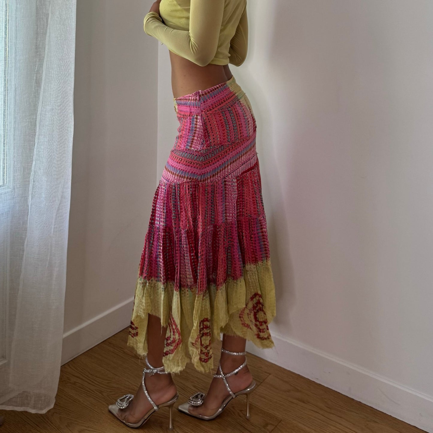 Vintage Yellow Pink Patchwork Handkerchief Maxi Skirt Italian Deadstock (S)
