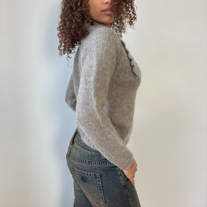 Italian Vintage Taupe Mohair Wool Cardigan Embellished Floral (S)