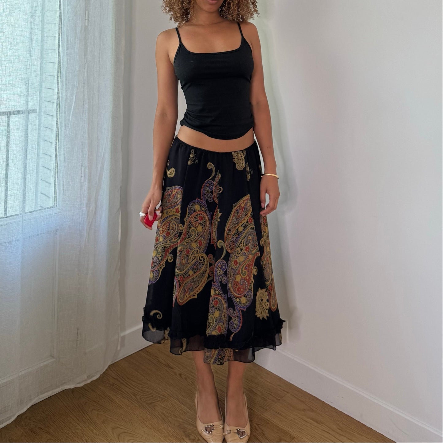 Vintage Black Paisley Mesh Midi Skirt Sheer Double Layer Italian Y2K (S)