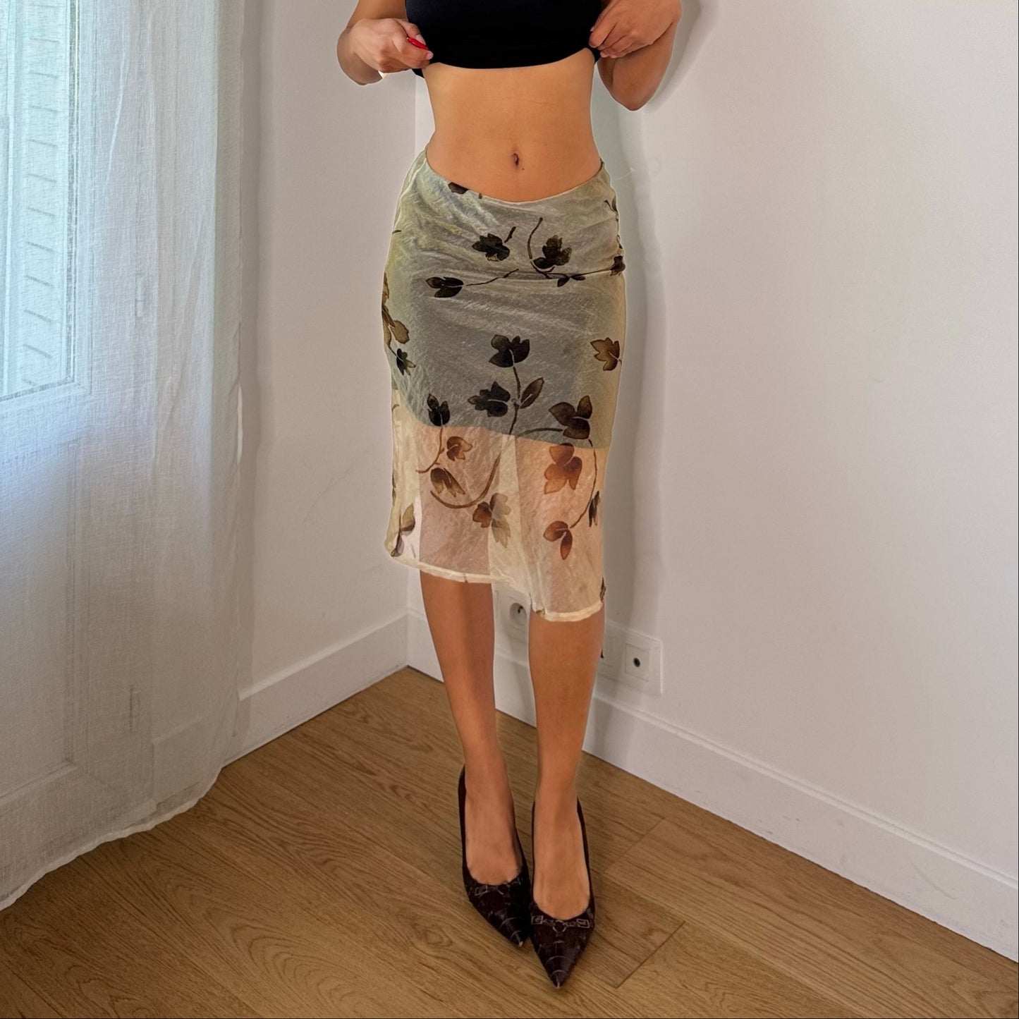 Vintage Golden|Tan Brown Floral Mesh Midi Skirt Italian Y2K (XS/S)
