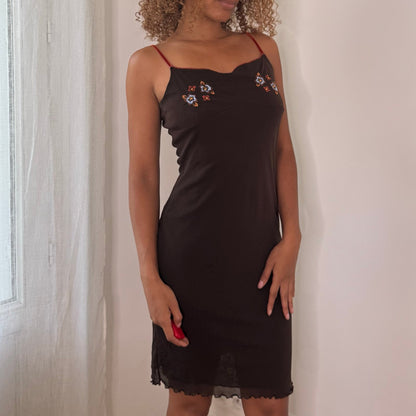 Italian vintage 2000s chocolate brown mesh slip dress with embroidered flowers