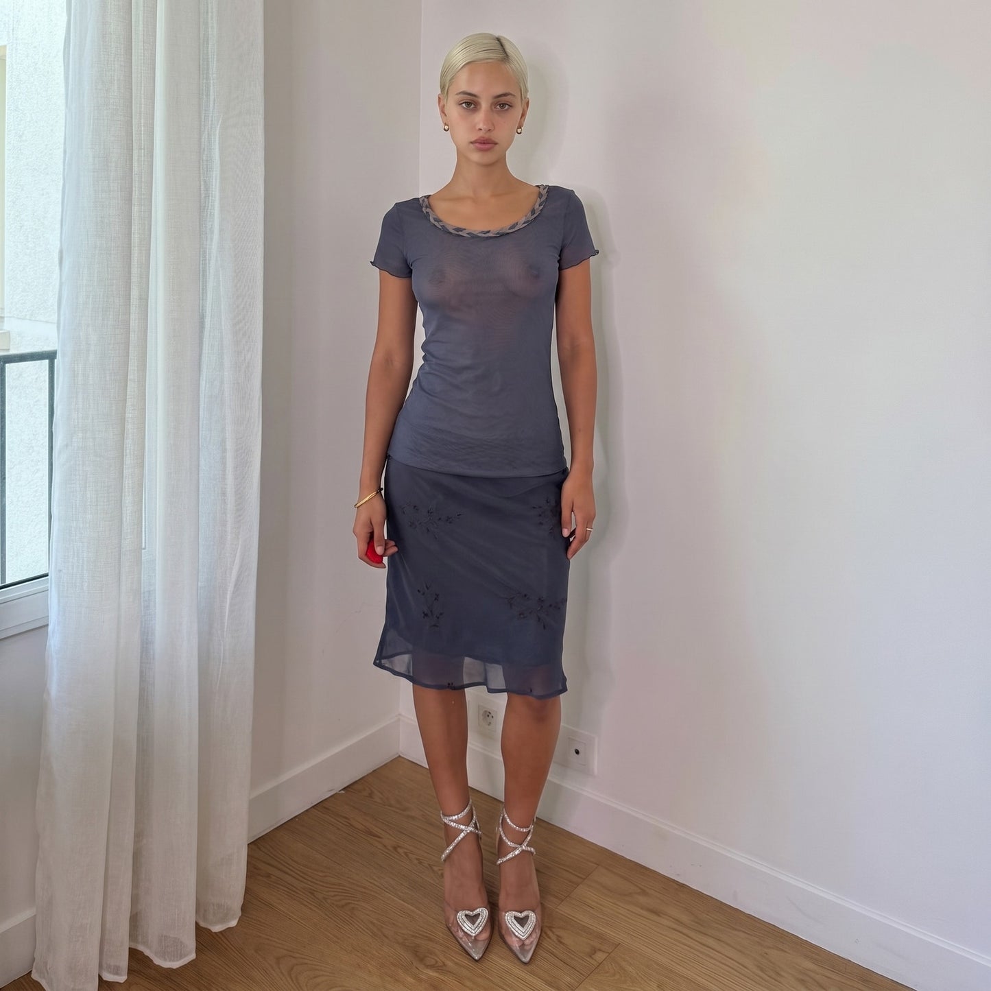 Vintage Italian Slate Blue Layered Mesh Top Y2K (S)