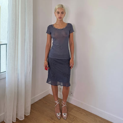 Vintage Italian Slate Blue Layered Mesh Top Y2K (S)