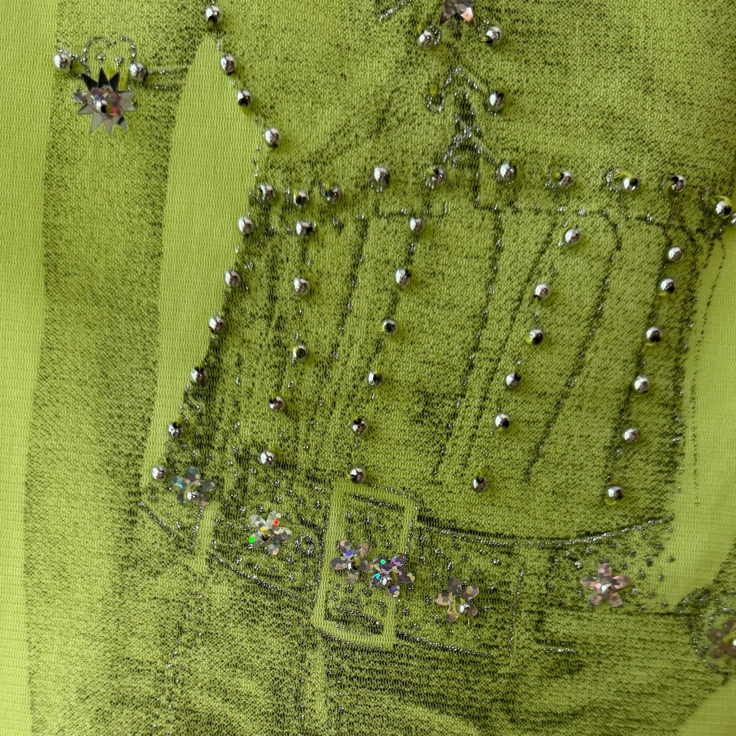 Vintage Lime Green Graphic Mesh Tank Top Beaded Sequin Y2K Euro (S)