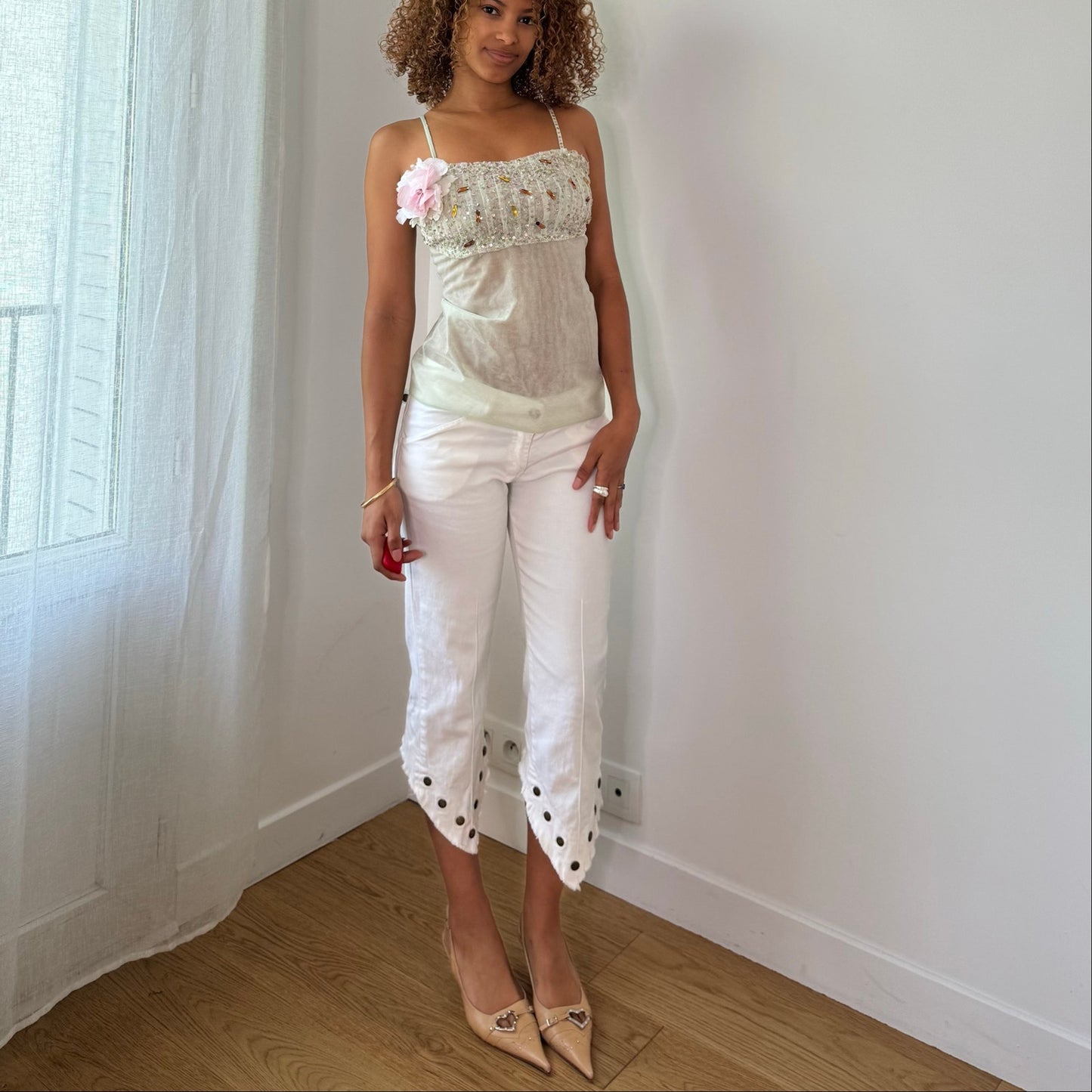 Vintage Mint Green Beaded Mesh Cami Top Floral Appliqué Deadstock Italian Y2K (S)