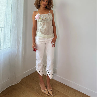 Vintage Mint Green Beaded Mesh Cami Top Floral Appliqué Deadstock Italian Y2K (S)