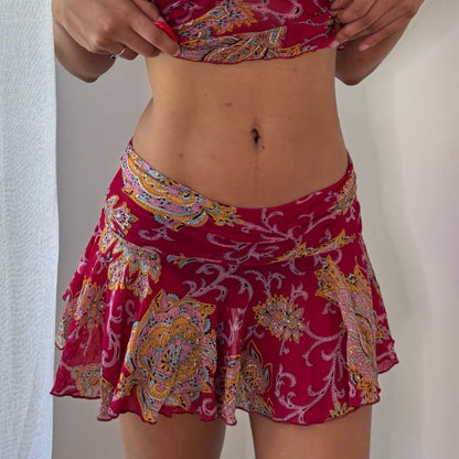 Vintage Pink Paisley Mesh Halter Top & Mini Skirt Set Y2K (XS/S)