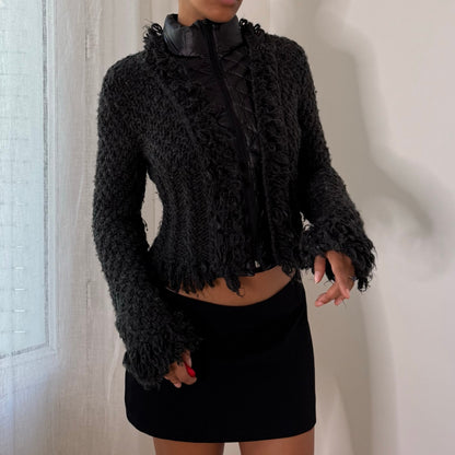 Italian vintage Y2K charcoal grey textured wool blend zip-up jacket with quilted panels and high collar