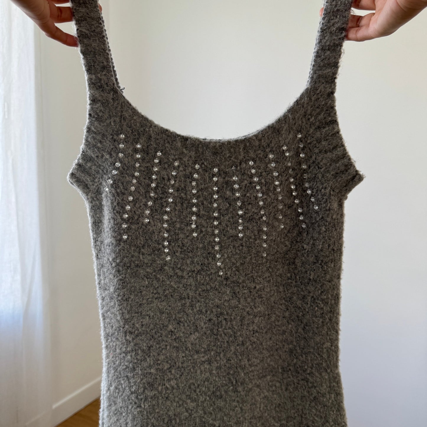 Italian vintage grey rhinestone embellished knit dress with matching bolero set (S)