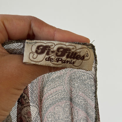 Vintage French mesh long sleeve top with floral, paisley & leopard print S