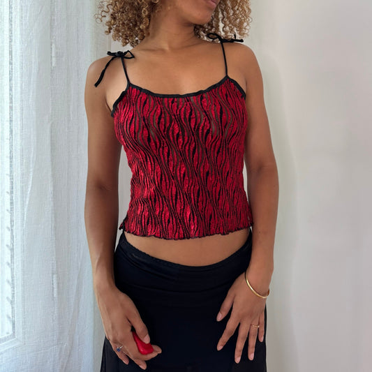 Vintage Red & Black Textured Cami Top Tie Strap Italian Y2K (S)