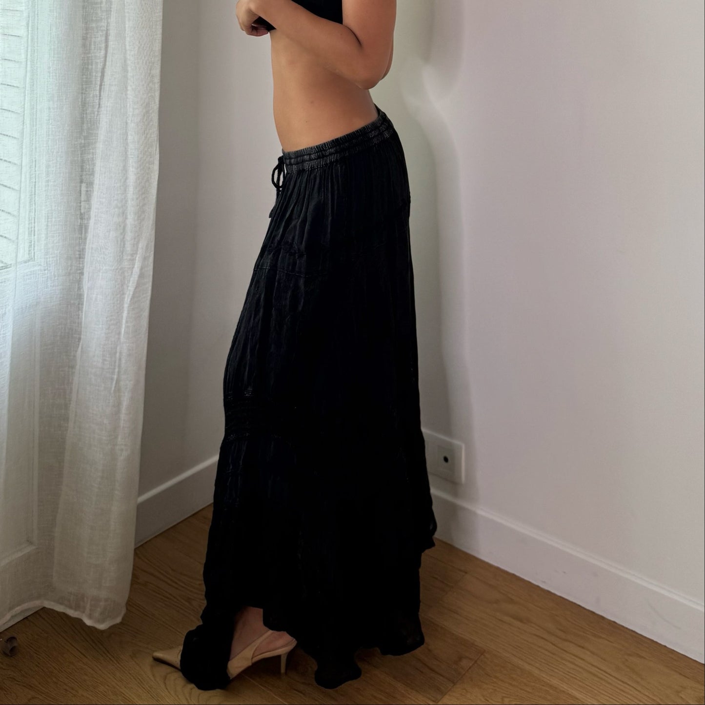 Vintage Black Sheer Lace Patchwork Maxi Skirt Euro Y2K (S/M)